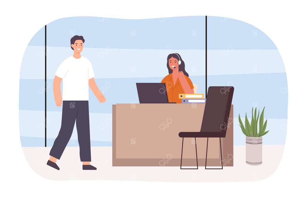 پشتیبانی مشتری: کارمند زن با هدست پشت میز در حال صحبت با مشتری - شخصیت زن در حال ارائه خدمات