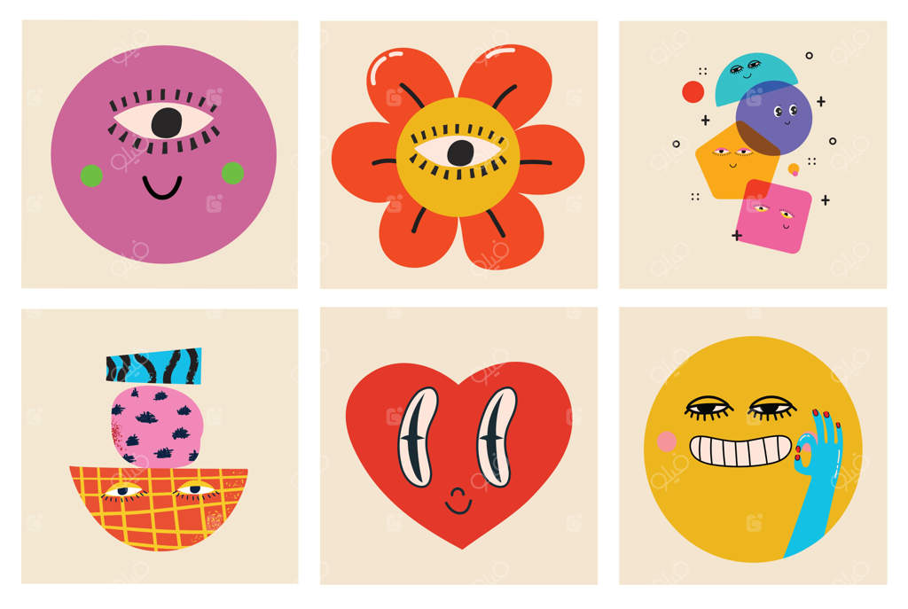 مجموعه بزرگی از تصاویر وکتور رنگارنگ برای پوسترها با طراحی کارتونی تخت - اشکال انتزاعی، چهره‌ها، بافت‌های مختلف، عناصر یونانی و شخصیت‌های کمیک خنده‌دار دستی طراحی شده‌اند.