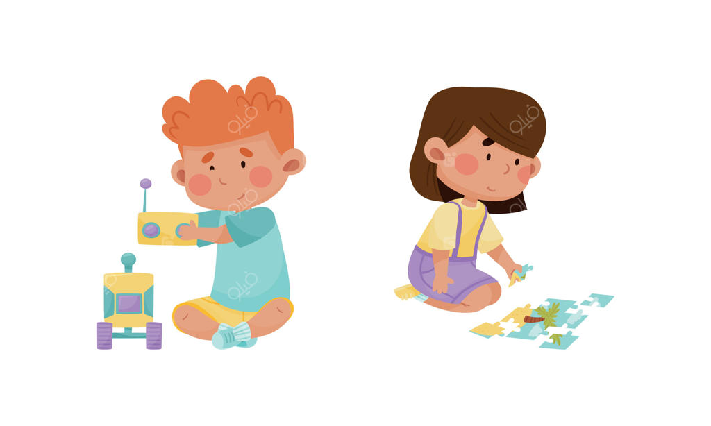 پسر بچه و دختر بچه در حال بازی با ماشین کنترلی و پازل در اتاق بازی