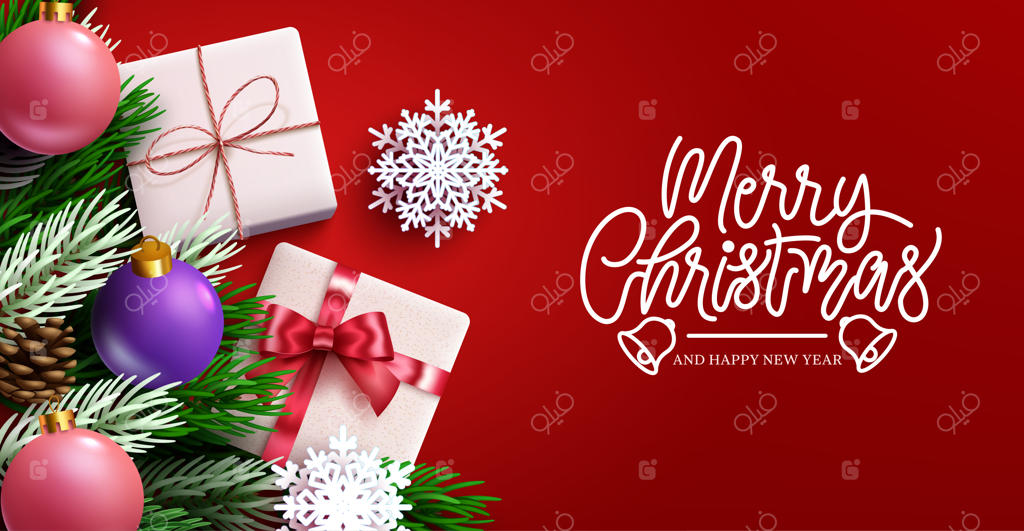 طراحی پس‌زمینه وکتور تبریک کریسمس. متن تایپوگرافی "کریسمس مبارک" در فضای قرمز با حال و هوای سال نو.