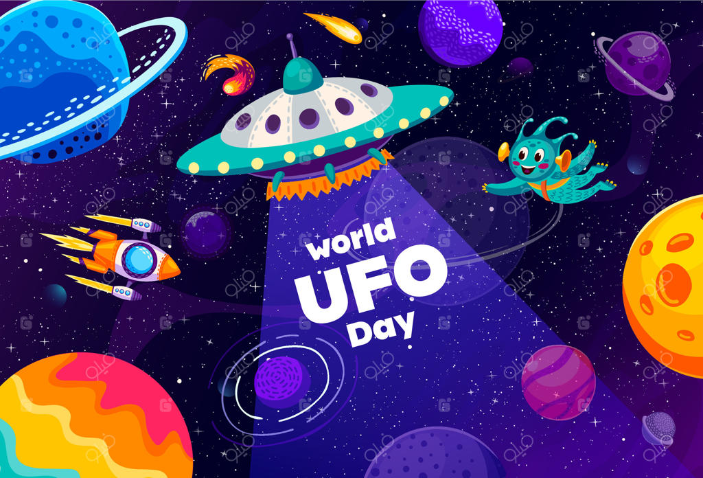 بنر روز جهانی بشقاب‌پرنده با فضانورد کارتونی بیگانه