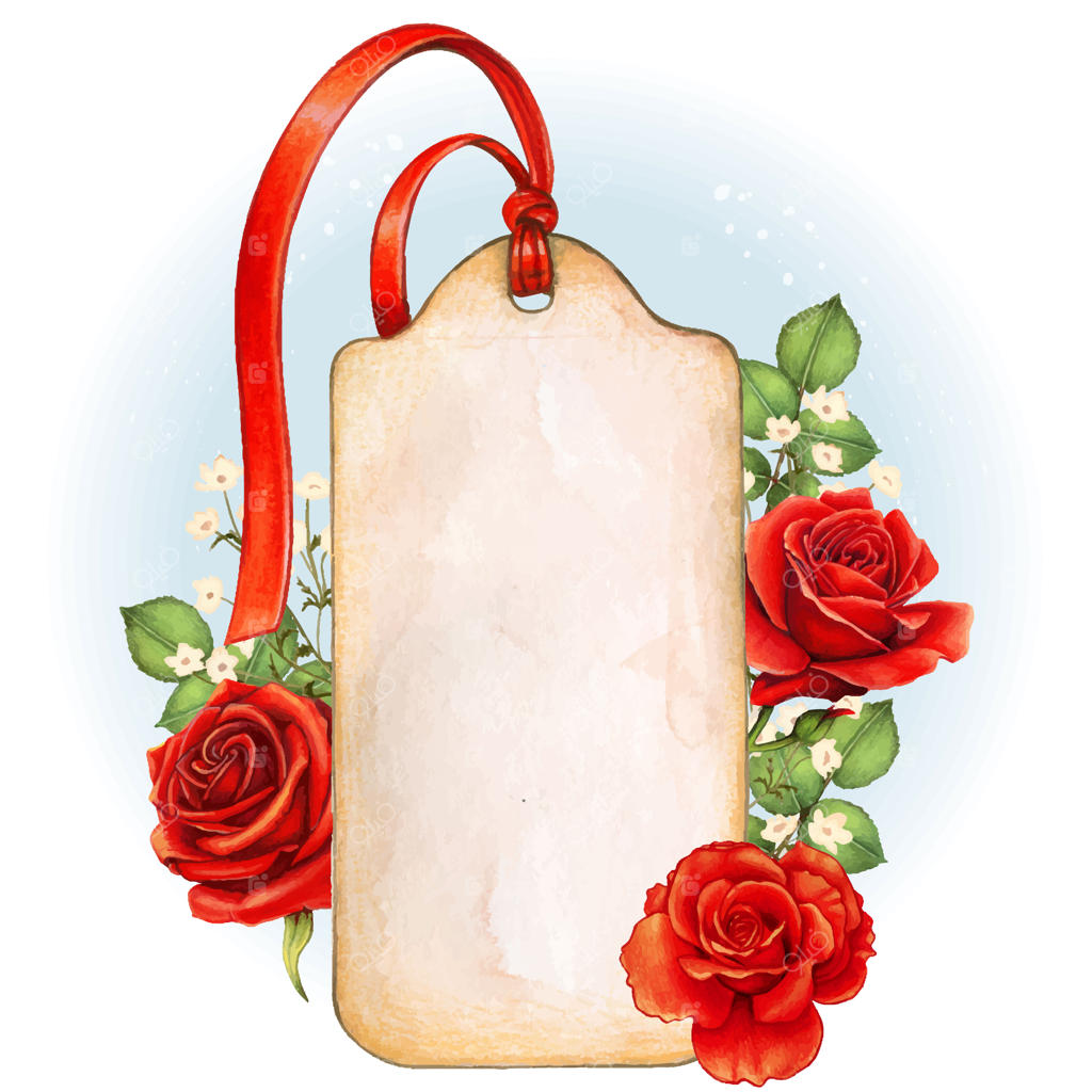 تگ آبرنگی روستیک و وینتیج با طرح گل رز قرمز