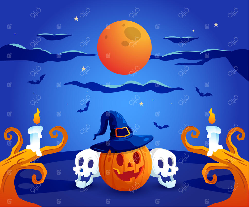 هالووین شاد با کدو تنبل و جمجمه در شب