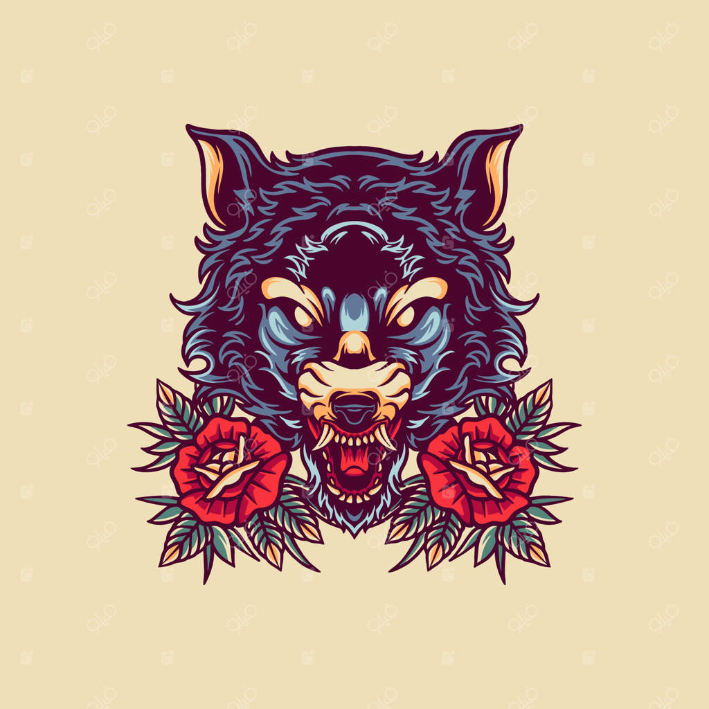 تصویرسازی رترو گرگ و گل سرخ