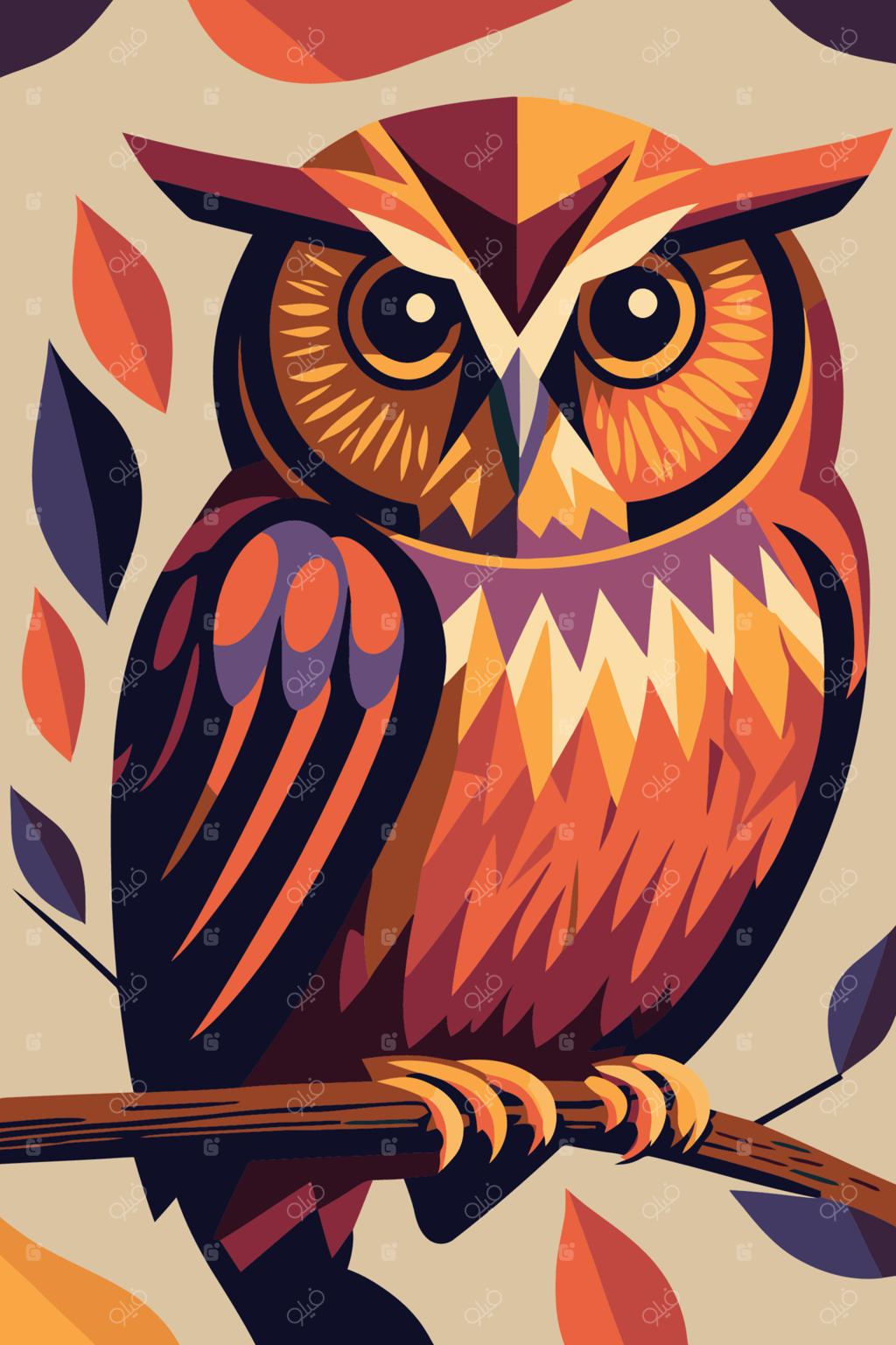 پوستر کارتونی جغد با رنگ‌های تخت. پس‌زمینه چاپ هنری دیواری جغد抽象