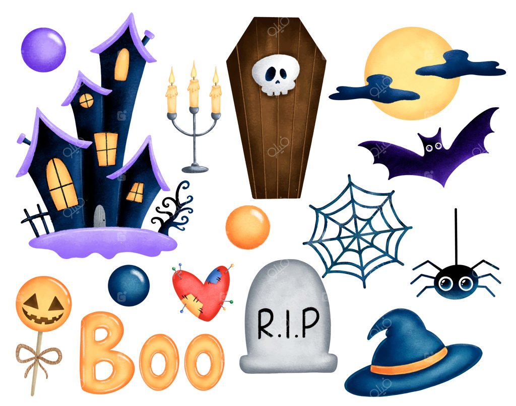 مجموعه تصویرسازی کارتونی هالووین ایزوله. خانه ارواح، تابوت، قبر، کلاه جادوگر، عنکبوت، تار عنکبوت، ماه کامل، خفاش، شمع‌ها، قلب آبی، آبنبات کدو تنبل، بو.