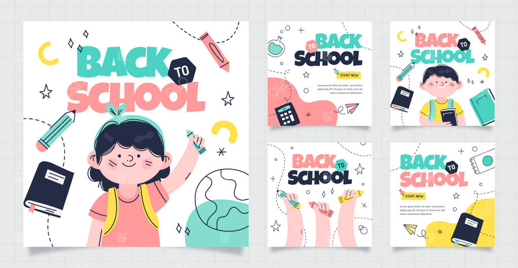 مجموعه پست‌های اینستاگرام بازگشت به مدرسه با طراحی دستی