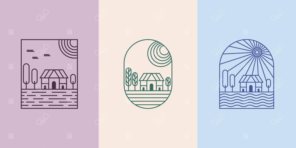 طراحی لوگوی مینیمال خانه روستایی، منظره طبیعت به سبک لاین آرت