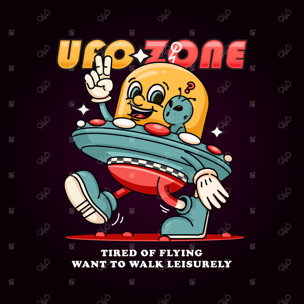 شخصیت کارتونی بیگانه که به آرامی بشقاب پرنده‌ای را حمل می‌کند. مناسب برای لوگوها، ماسکوت‌ها، تی‌شرت‌ها، برچسب‌ها و پوسترها