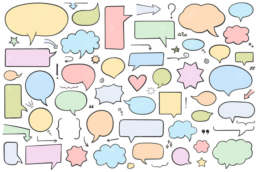 مجموعه‌ای از حباب‌های گفتاری دست‌نویس، پیکان‌ها و عناصر طراحی دیگر با اشکال ساده و رنگ‌های ملایم برای متن‌های تیره