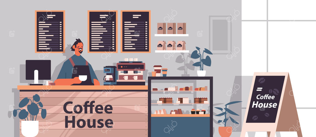 باریستای مرد در لباس فرم در کافه مدرن ایستاده پشت پیشخوان - تصویر پرتره افقی وکتوری