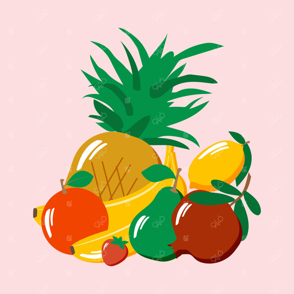 مجموعه‌ای از میوه‌های استوایی روی زمینه صورتی روشن. باغ مزرعه، میوه‌های ارگانیک.