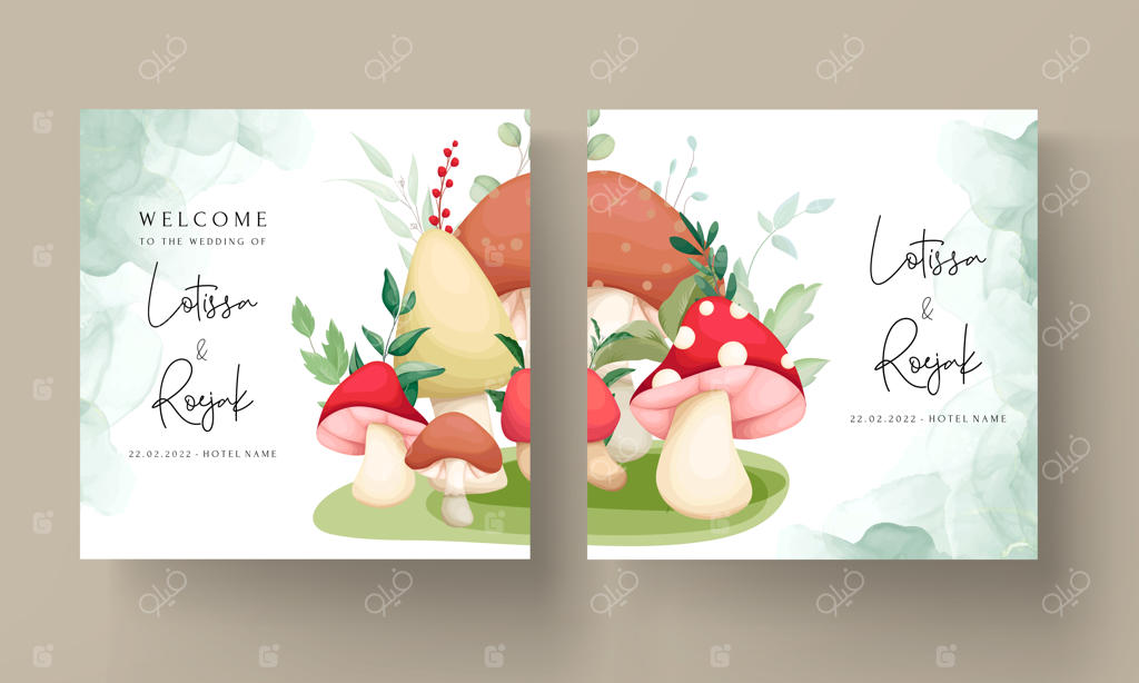 کارت دعوت عروسی با طراحی دستی قارچ و برگ‌های زیبا