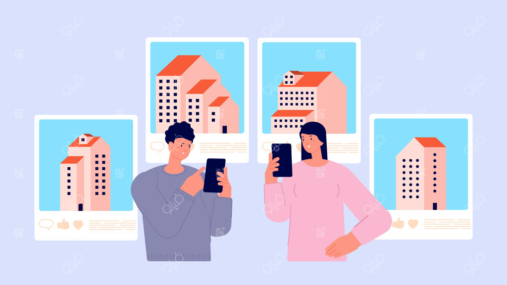 جستجوی ملک: زوج جوان به دنبال خانه با استفاده از اپلیکیشن آنلاین اجارهٔ ملک - تصویرسازی وکتوری