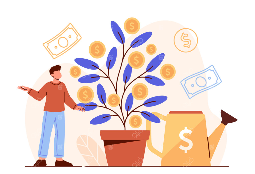 وکتور فلت مرد جوان با آبپاش کنار درخت پول با مفهوم درآمد غیرفعال، سواد مالی، ترید و سرمایه‌گذاری؛ طرح کارتونی مناسب برای پوستر و بنر