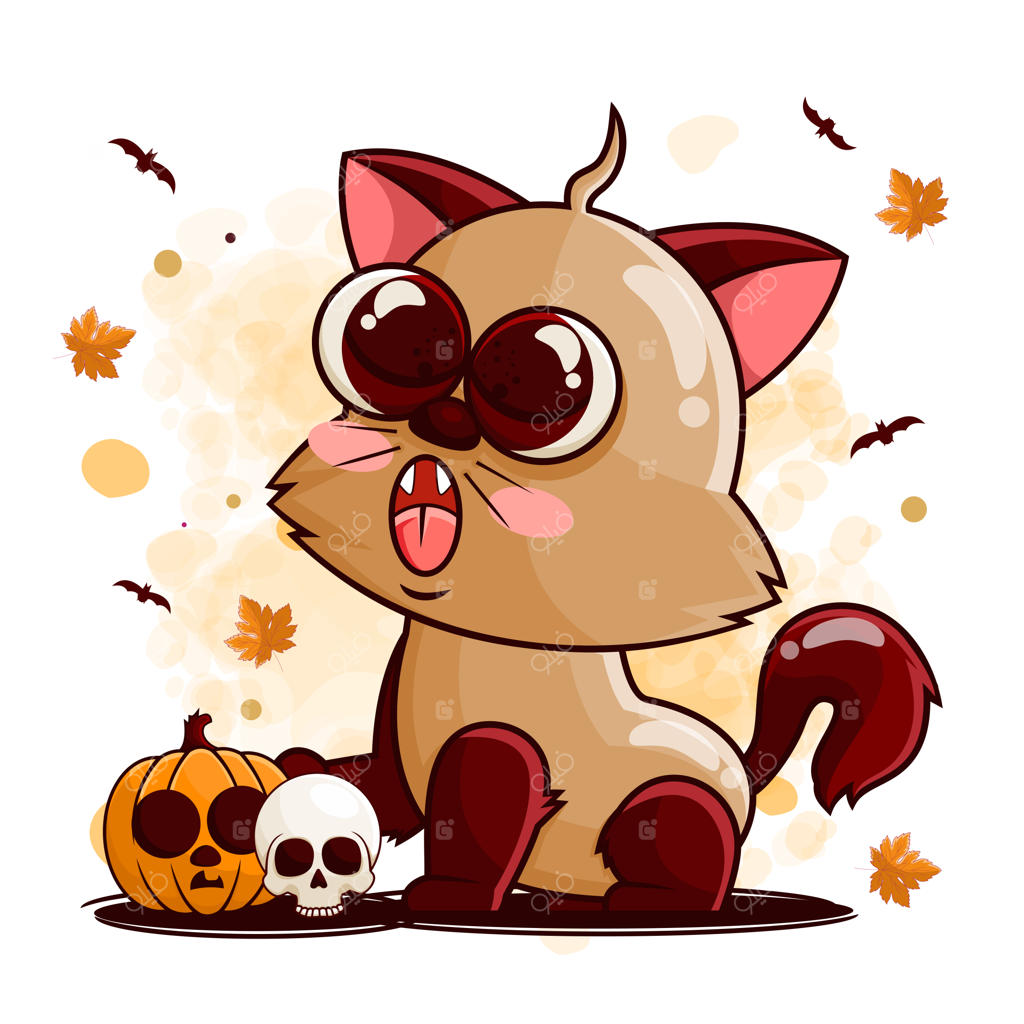 شخصیت کارتونی گربه بامزه با کدو تنبل و جمجمه برای تصویرسازی هالووین