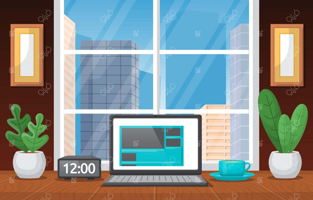 لپ‌تاپ و فنجان قهوه روی میز کار دفتر - تصویرسازی