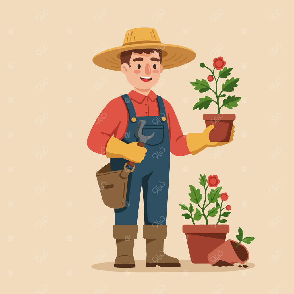 باغبان با گلدان گیاه شکوفا و ابزار باغبانی در دست