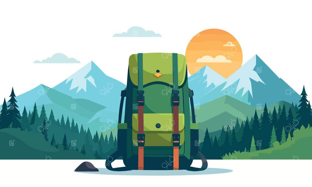 کوله‌پشتی با منظره کوهستانی، جدا شده در پس‌زمینه شفاف