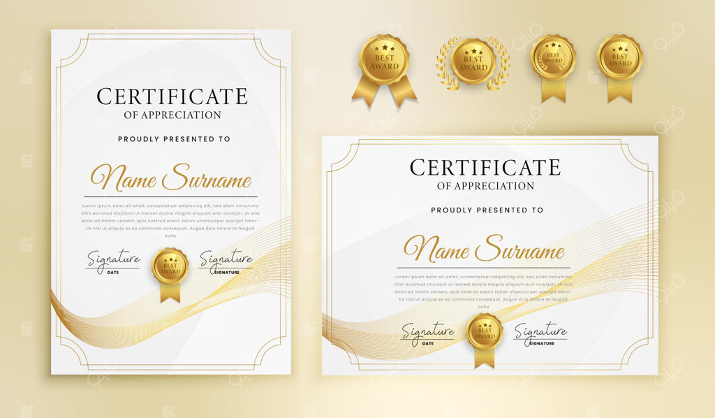 گواهی تقدیر با طراحی خطوط موجی و حاشیه طلایی