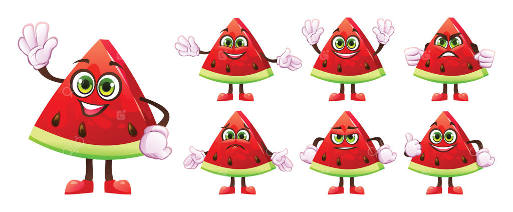 مجموعه‌ای از شخصیت‌های کارتونی برش هندوانه با احساسات و ژست‌های دستی متفاوت. تصویرسازی