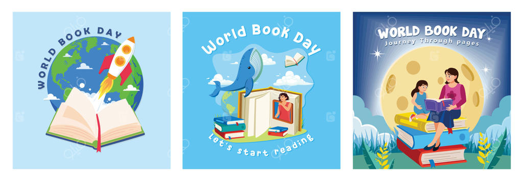 کتابی با آیکون موشک پرنده؛ انبوهی از کتاب‌ها با پس‌زمینه ماه کامل؛ مفهوم روز جهانی کتاب