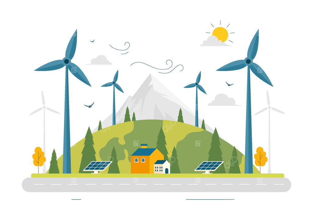 تصویر مفهومی انرژی تجدیدپذیر با توربین‌های بادی و مناظر کوهستانی