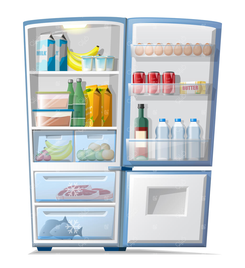 یخچال کارتونی با استایل وکتور همراه با گوشت و ماهی یخ‌زده، بطری‌های آب و آب‌میوه