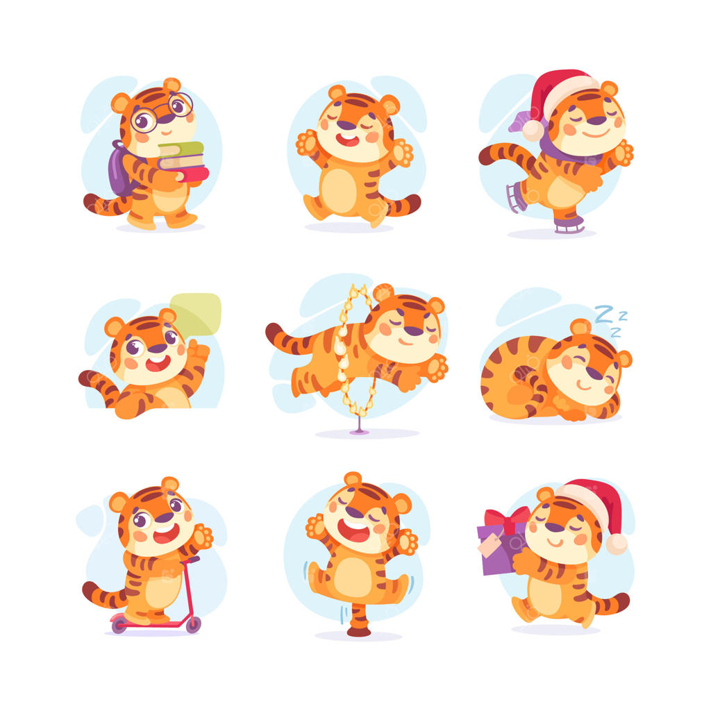 وکتور حرفه‌ای ببرهای کارتونی بامزه در لحظات بازیگوشی