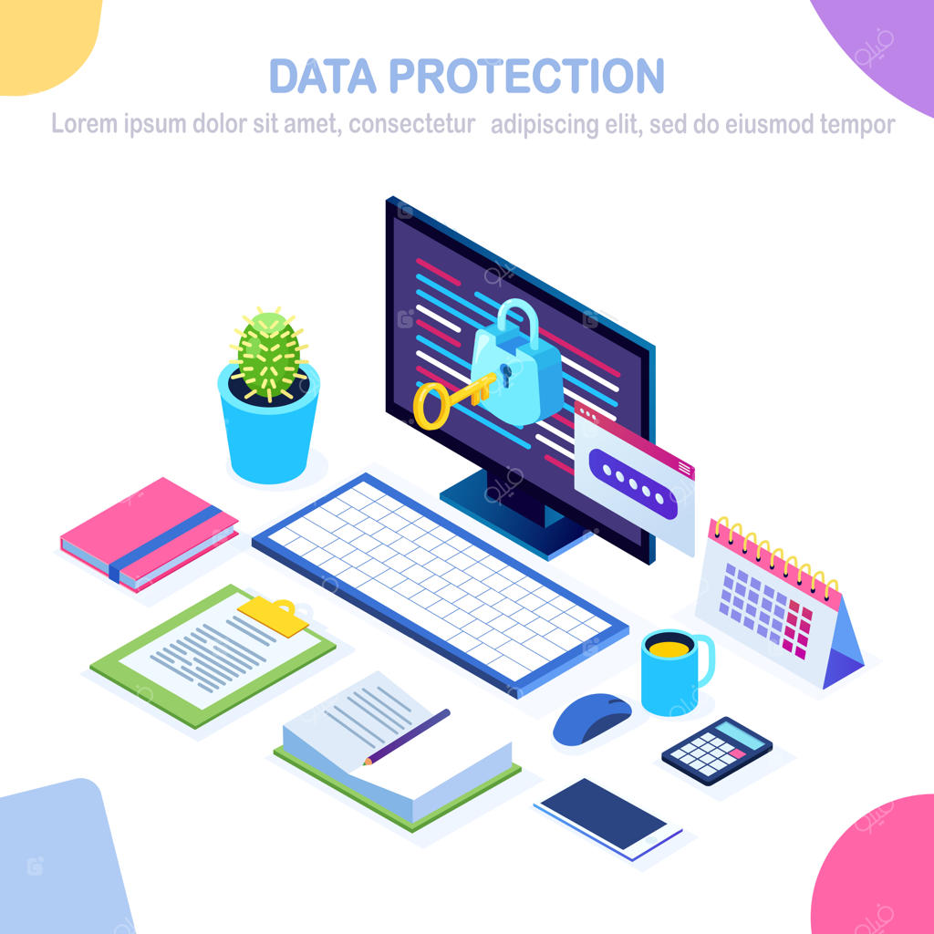حفاظت از داده‌ها، امنیت اینترنت، دسترسی به حریم خصوصی با رمز عبور: کامپیوتر ایزومتریک با کلید و قفل.