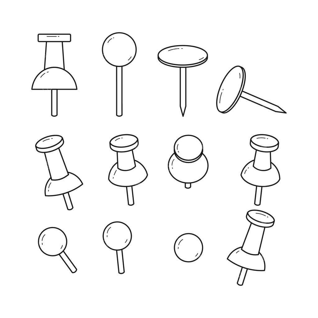 مجموعه ای از طرح‌ های هنری سنجاق قرمز، نقشه‌های مختلف، ایزوله شده بر روی زمینه سفید.