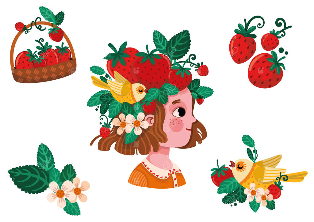 مجموعه وکتور کلیپ آرت دختر توت‌فرنگی