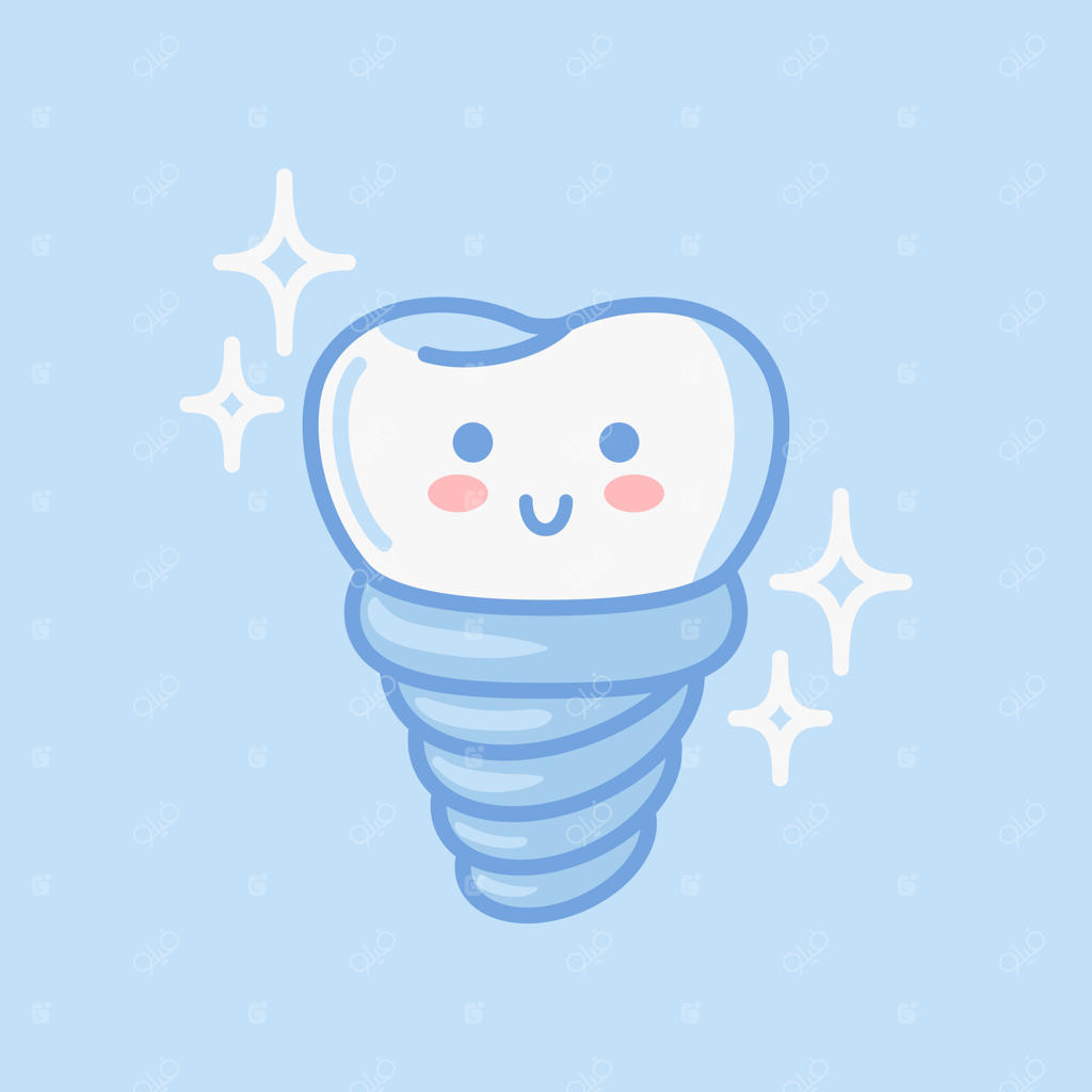 شخصیت کارتونی و بانمک ایمپلنت دندان با سبک کاوایی. این تصویرسازی با طراحی تخت (فلت)، برای استیکر، کتاب و کارهای گرافیکی عالی است و گزینه‌ای ایده‌آل برای بروشورهای پزشکی به شمار می‌رود.