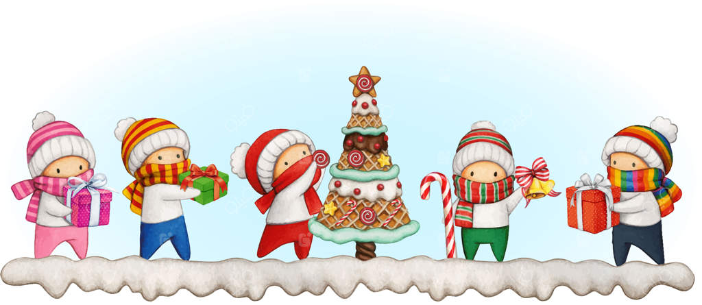 نقاشی آبرنگ کودکان بامزه با درخت کریسمس و هدایا