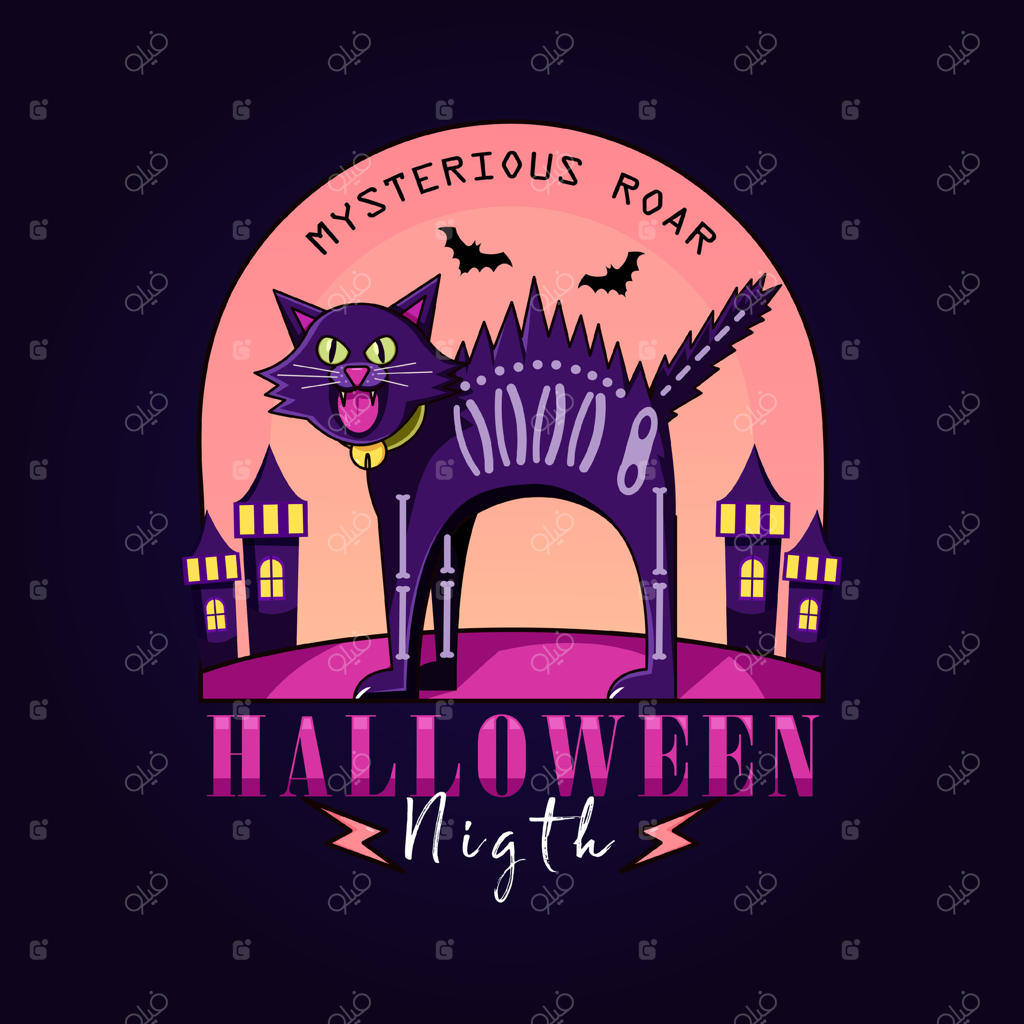 شب هالووین، تصویر کارتونی از یک گربه سیاه غرش‌کننده. ایده‌آل برای لوگو، ماسکات، تی‌شرت، برچسب‌ها و پوسترها