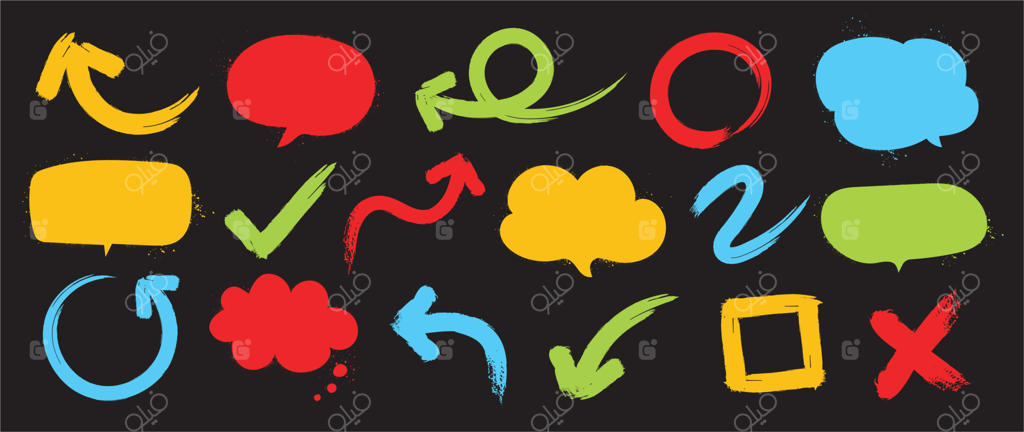 مجموعه‌ای از حباب‌های گفتار و فلش‌ها: مجموعه‌ای از طرح‌های دستی و رنگارنگ از حباب‌های گفتاری و فلش‌ها به سبک طرح‌های کارتونی، مناسب برای خالکوبی، برچسب یا چاپ بر روی پس‌زمینه سیاه.
