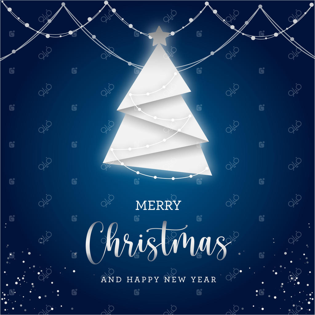 کارت هدیه کریسمس با چراغ‌ها و درخت سفید روی زمینه آبی