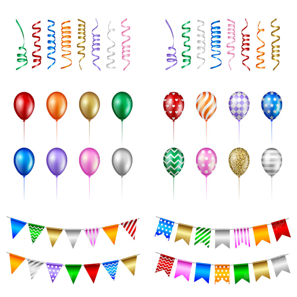 مجموعه عناصر جشن: بادکنک‌ها، نوارها و پرچم‌ها