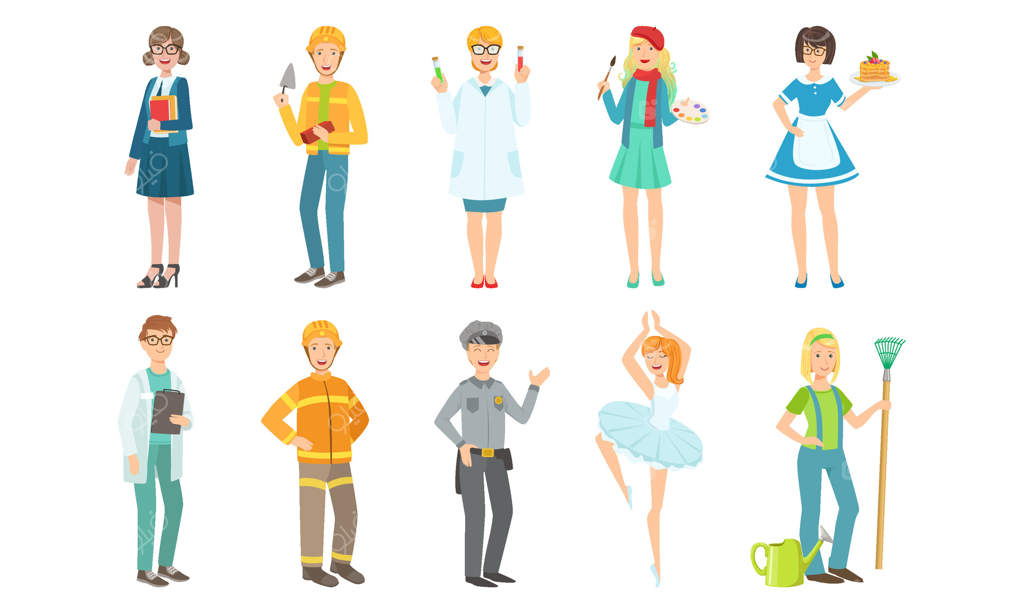 تصویرسازی: افراد در مشاغل مختلف - معلم، بنا، دانشمند، هنرمند، پزشک، آتش‌نشان، پلیس، بالرین، باغبان