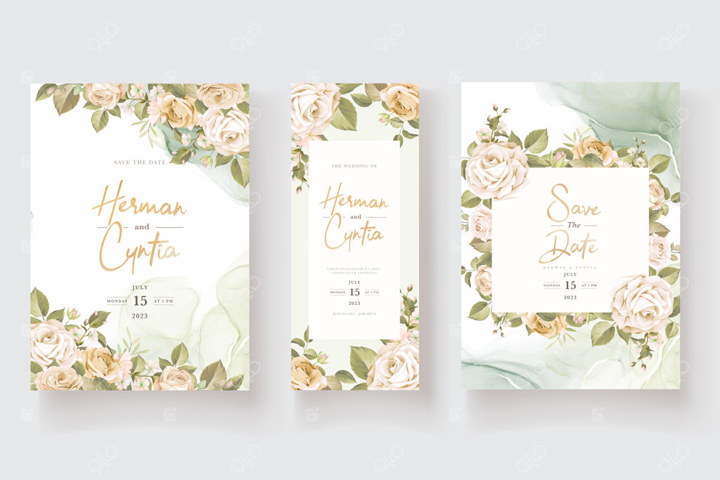 ست کارت دعوت عروسی با طرح دست گل‌های رز زیبا