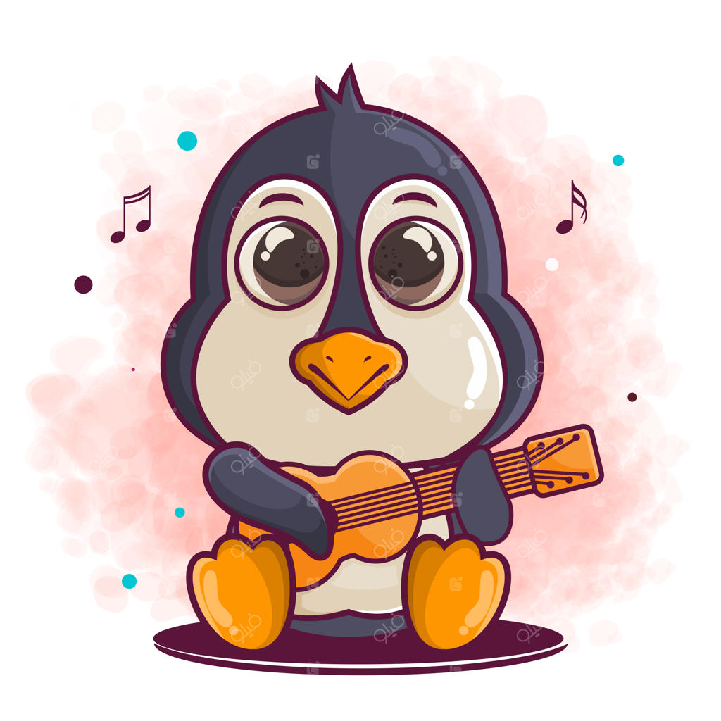 شخصیت کارتونی پنگوئن بامزه در حال نواختن گیتار