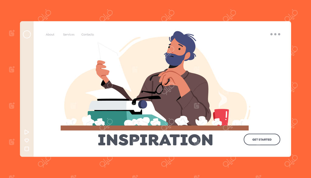 قالب صفحه فرود الهام‌بخش برای نویسنده و ویراستار - نویسنده مرد در حال مطالعه متن و نشستن پشت میز با ماشین‌تحریر