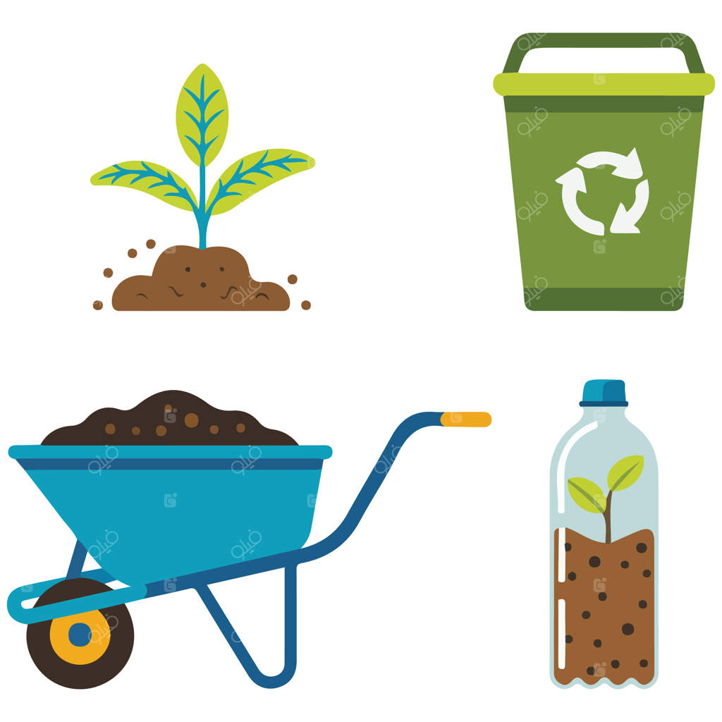 ست ابزار باغبانی کمپوست‌سازی ارگانیک، تصویر شده روی زمینه سفید