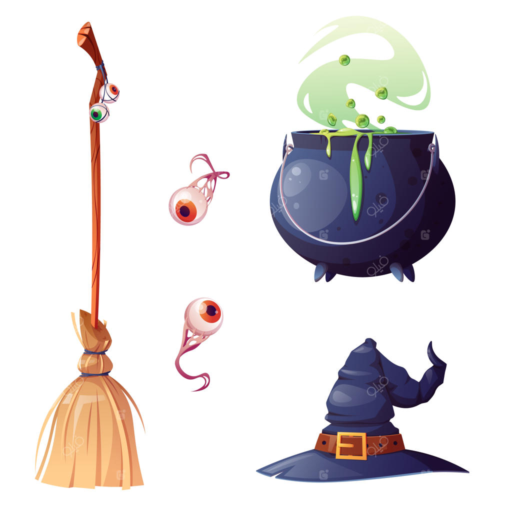 لباس جادوگر بر روی پس‌زمینه‌ای جداشده: جاروی جادویی، معجون، دیگ، کلاه و چشم‌ها در هنر کارتونی وکتوریک و مفاهیم سحر و جادو