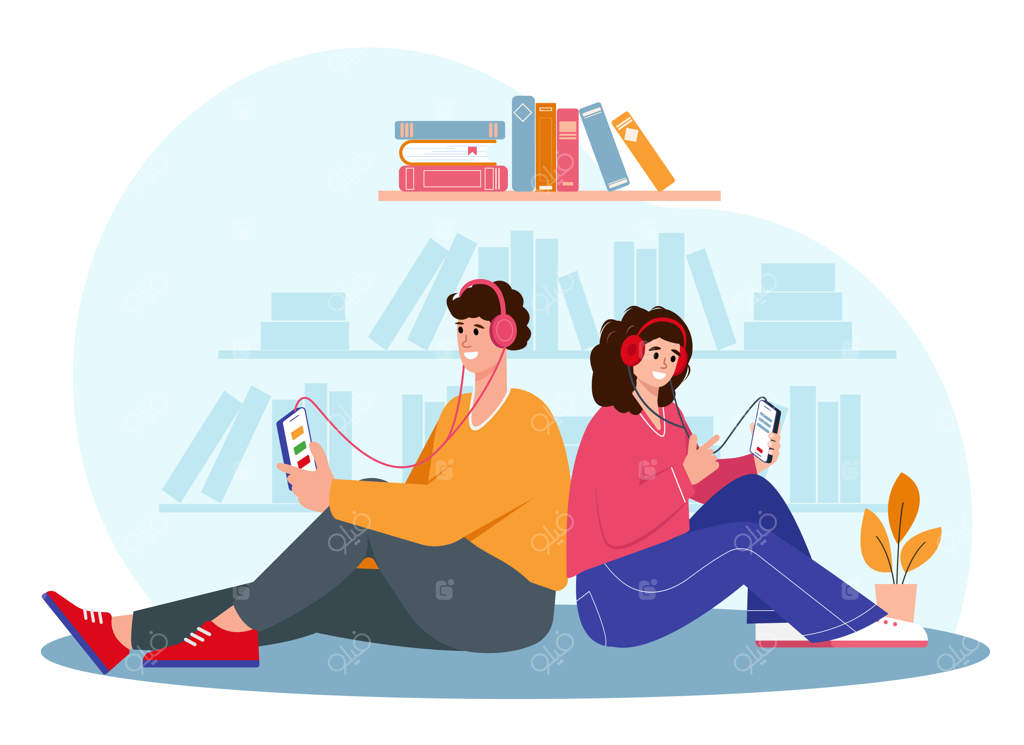 پسر و دختر جوان در حال گوش دادن به کتاب‌های صوتی - افرادی خوشحال یا دانشجویانی که آنلاین به کتاب گوش می‌دهند