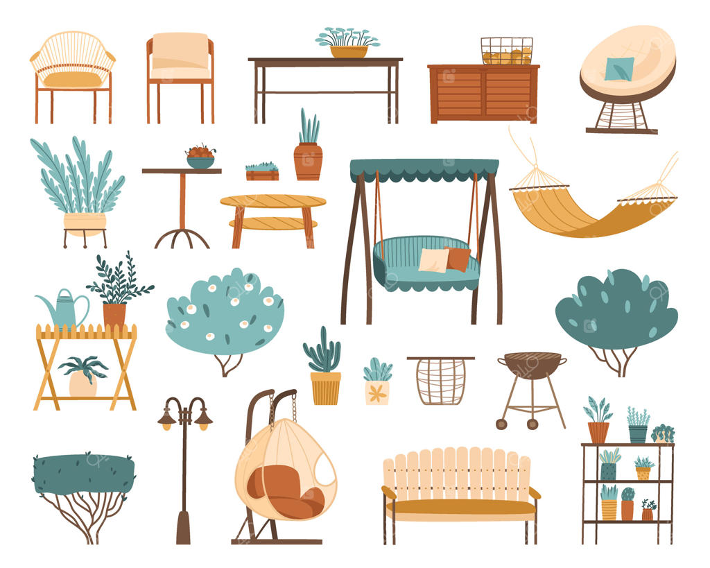 مجموعه‌ای از مبلمان باغی و گیاهان