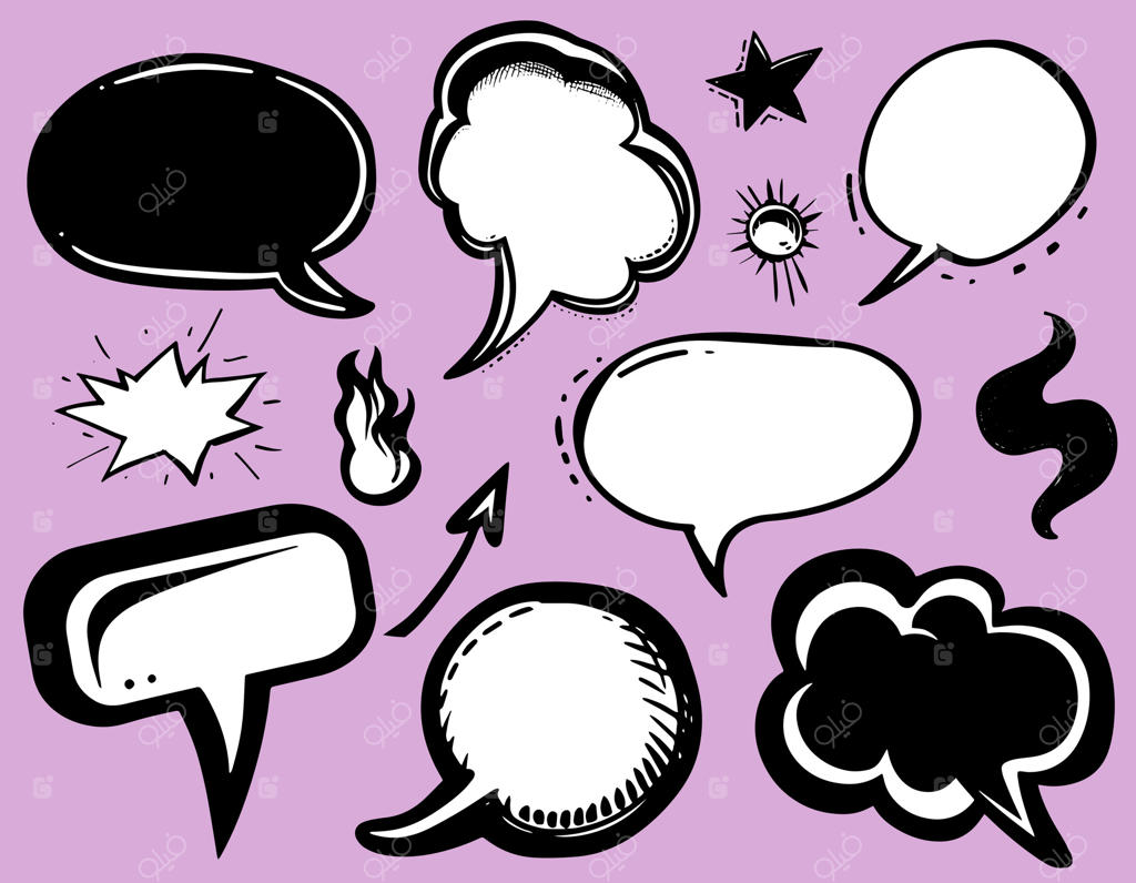 مجموعه‌ای از حباب‌های گفتگوی دستی کشیده شده: طراحی‌های کمدی مد روز و دستی حباب‌های گفت‌وگو.