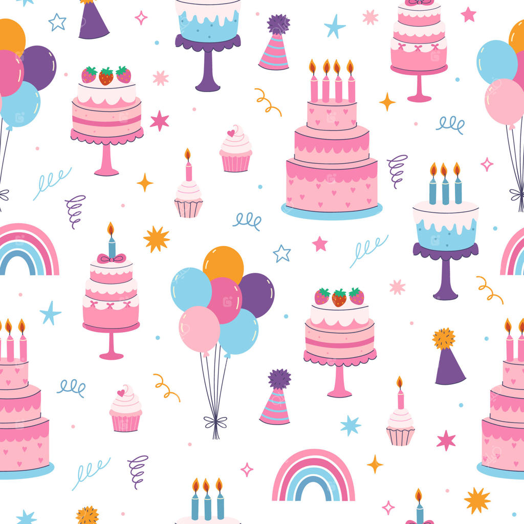 طرح یکپارچه با کیک‌های تولد، کاپ‌کیک‌ها و بادکنک‌ها - گرافیک.