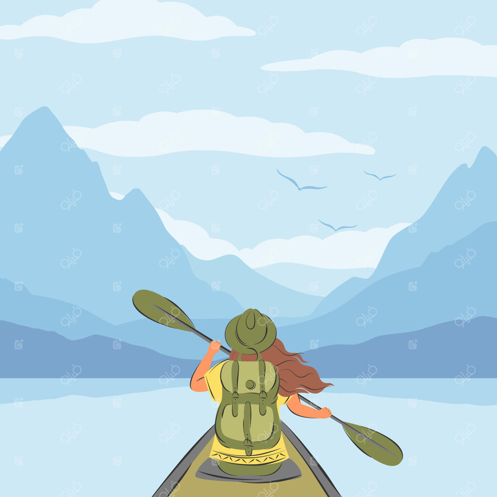 زنی با کوله‌پشتی در حال قایق‌سواری میان کوه‌ها در سفر آبی