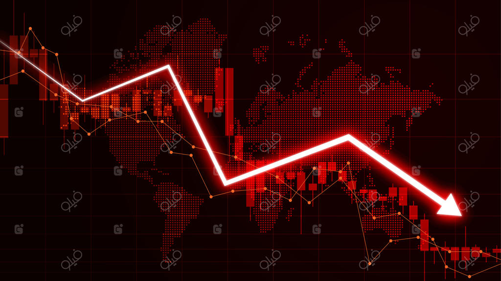 تصویرسازی ضرر و زیان در بورس، مفهوم ورشکستگی مالی با فلش‌های رو به پایین و نمودار معاملاتی نزولی